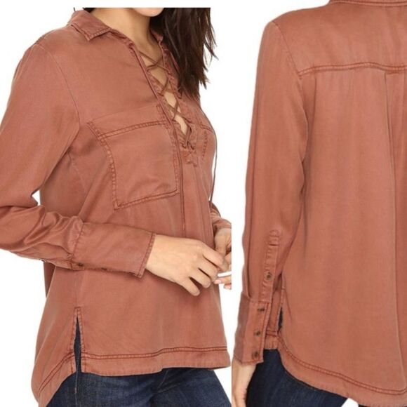 Free People Under Your Spell 100% Tencel orange long sleeve lace up blouse Top L - Picture 1 of 13